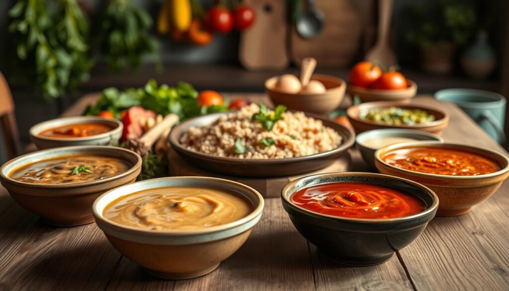 A beautifully arranged wooden table showcasing a variety of sauces perfectly paired with buckwheat dishes. In the foreground, vibrant bowls filled with rich, colorful sauces—like creamy mushroom, tangy tomato, and spicy pepper—are artistically presented. The middle ground features a rustic plate of steaming buckwheat, garnished with fresh herbs. Surrounding the plate, there are seasonal vegetables and attractive garnishes, enhancing the visual feast. In the background, soft-focus kitchen elements like herbs hanging, and utensils evoke a warm, cozy cooking atmosphere. The lighting is warm and inviting, casting gentle shadows that highlight the textures of the sauces and grains. The overall mood is homey and appetizing, inspiring creativity in cooking.