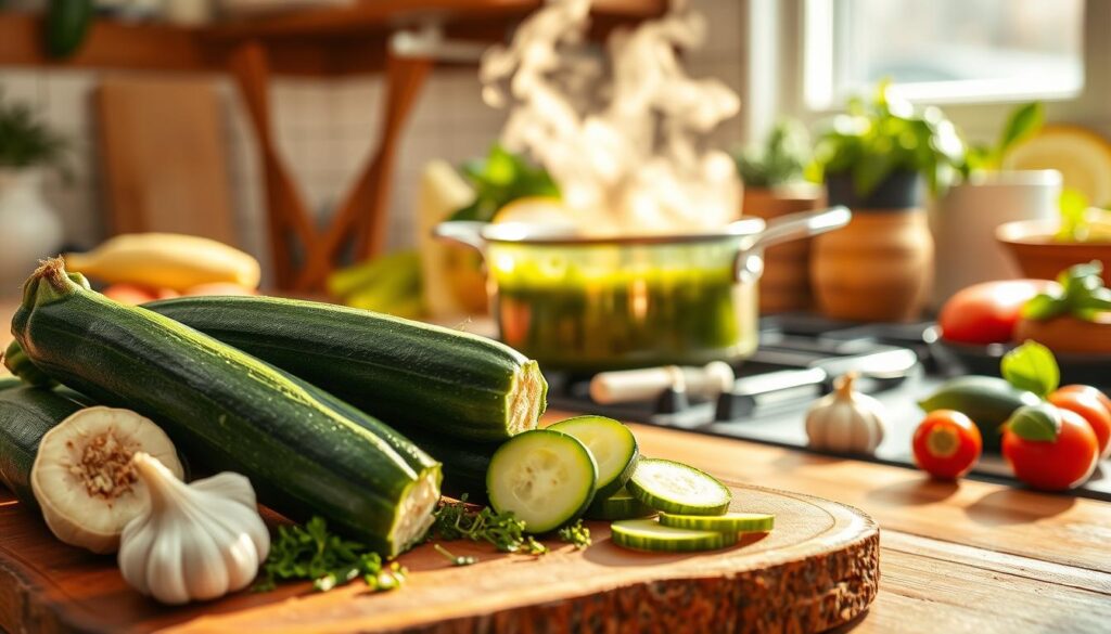 A beautifully composed kitchen scene featuring a vibrant zucchini sauce preparation. In the foreground, a rustic wooden cutting board displays fresh zucchinis, garlic, and herbs, with some ingredients sliced and arranged artfully. The middle layer captures a pot on a stove with a simmering, rich green sauce, steam gently rising, inviting warmth. Bright, natural lighting filters through a nearby window, casting soft shadows and creating an inviting atmosphere. In the background, a well-organized array of kitchen utensils and fresh produce adds to the culinary depth, with a hint of fresh basil creating a pop of color. The image evokes a sense of coziness and creativity, perfect for inspiring home cooks. A beautifully composed kitchen scene featuring a vibrant zucchini sauce preparation. In the foreground, a rustic wooden cutting board displays fresh zucchinis, garlic, and herbs, with some ingredients sliced and arranged artfully. The middle layer captures a pot on a stove with a simmering, rich green sauce, steam gently rising, inviting warmth. Bright, natural lighting filters through a nearby window, casting soft shadows and creating an inviting atmosphere. In the background, a well-organized array of kitchen utensils and fresh produce adds to the culinary depth, with a hint of fresh basil creating a pop of color. The image evokes a sense of coziness and creativity, perfect for inspiring home cooks.