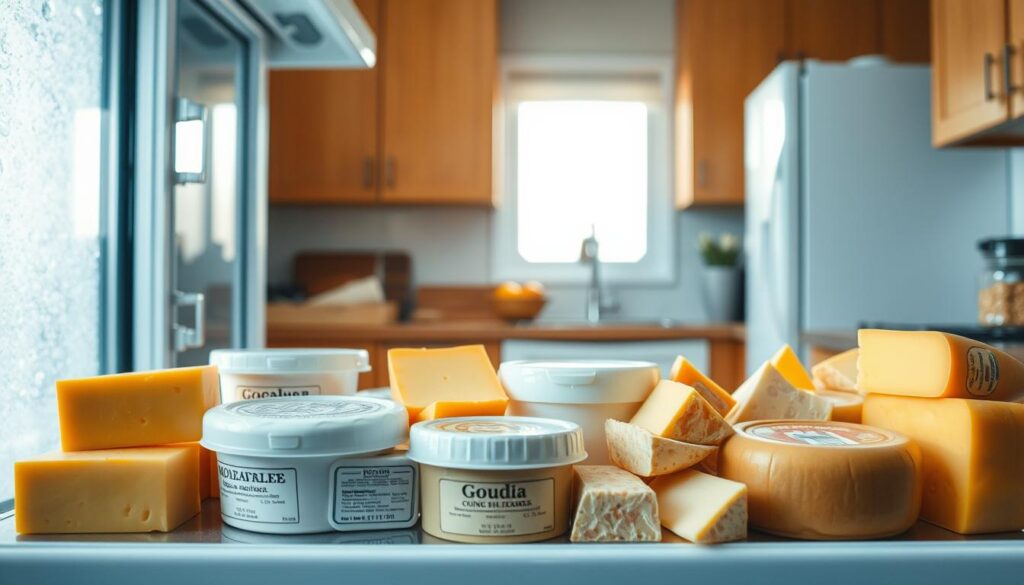 A beautifully organized kitchen scene, emphasizing a bright, well-lit freezer filled with various types of cheese. In the foreground, there's an assortment of cheeses in clear, labeled containers, such as cheddar, mozzarella, and gouda, neatly arranged to showcase their distinct textures and colors. The middle ground features a partially open freezer door, revealing frost on the glass, giving a cool atmosphere. In the background, soft natural light streams in through a nearby window, illuminating the kitchen's warm wooden cabinets and countertop, creating a cozy and inviting ambiance. The image should have a focus on clarity and detail, showcasing the importance of proper cheese storage, with a focus on maintaining quality. Use a slight overhead angle to capture the entirety of the scene. A beautifully organized kitchen scene, emphasizing a bright, well-lit freezer filled with various types of cheese. In the foreground, there's an assortment of cheeses in clear, labeled containers, such as cheddar, mozzarella, and gouda, neatly arranged to showcase their distinct textures and colors. The middle ground features a partially open freezer door, revealing frost on the glass, giving a cool atmosphere. In the background, soft natural light streams in through a nearby window, illuminating the kitchen's warm wooden cabinets and countertop, creating a cozy and inviting ambiance. The image should have a focus on clarity and detail, showcasing the importance of proper cheese storage, with a focus on maintaining quality. Use a slight overhead angle to capture the entirety of the scene.