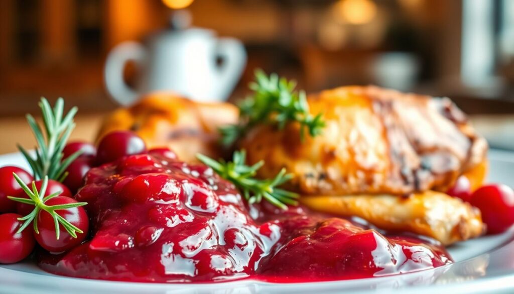 A beautifully plated dish featuring a rich, glossy cranberry sauce in the foreground, glistening with hints of sweetness and tartness. Vivid red cranberries rest beside the sauce, hinting at freshness and quality. In the middle ground, succulent pieces of roasted chicken are elegantly arranged, with crispy skin reflecting a warm, golden hue. Garnishes of fresh herbs like rosemary and thyme add a touch of vibrancy and sophistication. The background showcases a blurred kitchen setting, warmly lit to evoke a cozy, inviting atmosphere, enhancing the home-cooked feel. The composition captures the essence of elegance and comfort, ideal for showcasing this delightful sweet-and-sour sauce perfect for meats. The lighting is soft, with a warm glow, creating an inviting and mouthwatering scene. A beautifully plated dish featuring a rich, glossy cranberry sauce in the foreground, glistening with hints of sweetness and tartness. Vivid red cranberries rest beside the sauce, hinting at freshness and quality. In the middle ground, succulent pieces of roasted chicken are elegantly arranged, with crispy skin reflecting a warm, golden hue. Garnishes of fresh herbs like rosemary and thyme add a touch of vibrancy and sophistication. The background showcases a blurred kitchen setting, warmly lit to evoke a cozy, inviting atmosphere, enhancing the home-cooked feel. The composition captures the essence of elegance and comfort, ideal for showcasing this delightful sweet-and-sour sauce perfect for meats. The lighting is soft, with a warm glow, creating an inviting and mouthwatering scene.