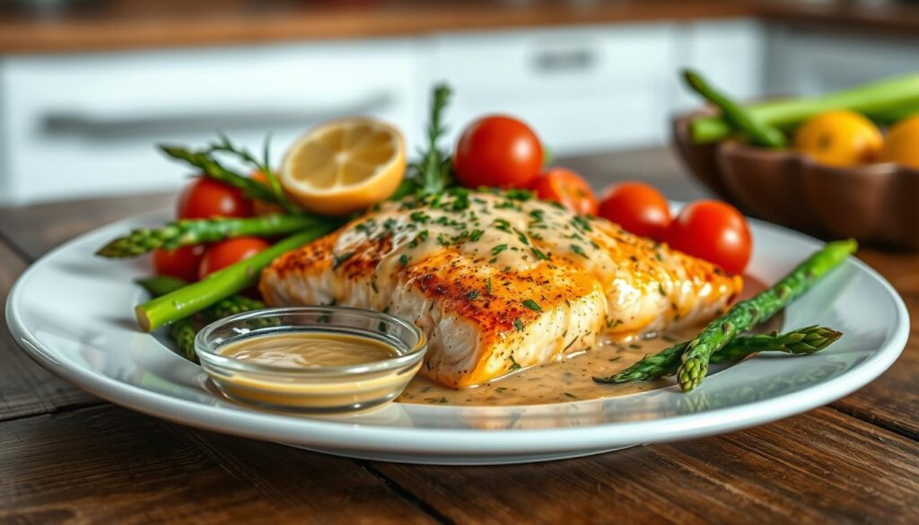 A beautifully plated dish featuring baked salmon, glistening with a rich, creamy sauce made from fresh herbs and lemon. The salmon is surrounded by vibrant, colorful garnishes like cherry tomatoes and asparagus spears, showcasing an appetizing contrast of textures and colors. In the foreground, a small bowl of the same sauce adds an artistic touch. The plate is set on a rustic wooden table, adding warmth to the scene. Soft, natural lighting enhances the freshness of the ingredients, casting gentle shadows. In the background, a blurred kitchen setting hints at a cozy, home-cooked atmosphere. The overall mood is inviting and delicious, perfect for food lovers.