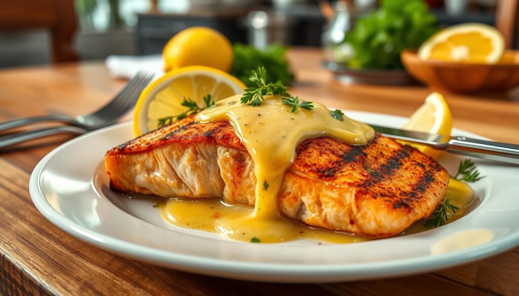 A beautifully plated dish featuring grilled salmon topped with a rich, creamy lemon butter sauce, garnished with fresh herbs and lemon wedges. In the foreground, highlight the salmon with its golden-brown crust glistening under soft, warm light, emphasizing the texture of the fish and sauce. The middle ground should include a wooden dining table with elegant dinnerware, including a fork and knife set elegantly beside the plate. In the background, a softly blurred kitchen scene with herbs and cooking utensils enhances the homey atmosphere. The overall mood should be inviting and appetizing, with a focus on the gourmet quality of the dish, shot with a DSLR camera, using a 50mm lens to create a shallow depth of field that draws attention to the salmon. A beautifully plated dish featuring grilled salmon topped with a rich, creamy lemon butter sauce, garnished with fresh herbs and lemon wedges. In the foreground, highlight the salmon with its golden-brown crust glistening under soft, warm light, emphasizing the texture of the fish and sauce. The middle ground should include a wooden dining table with elegant dinnerware, including a fork and knife set elegantly beside the plate. In the background, a softly blurred kitchen scene with herbs and cooking utensils enhances the homey atmosphere. The overall mood should be inviting and appetizing, with a focus on the gourmet quality of the dish, shot with a DSLR camera, using a 50mm lens to create a shallow depth of field that draws attention to the salmon.