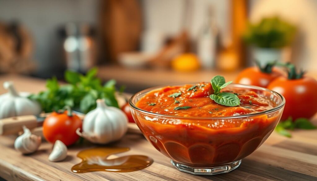 A beautifully plated dish of original pizza sauce, rich and vibrant in color, taking center stage in the foreground. The sauce is in an elegant glass bowl, with fresh herbs like basil and oregano sprinkled on top for a pop of green. Surrounding the bowl, there are ingredients like ripe tomatoes, garlic cloves, and drizzles of olive oil, adding depth and texture to the scene. In the middle ground, a rustic wooden cutting board complements the wholesome, homemade feel. The background features a soft-focus kitchen, with warm, inviting lighting illuminating the scene, creating a cozy atmosphere that evokes the charm of an authentic pizzeria. The composition should capture the essence of freshness and culinary artistry, emphasizing a warm and inviting mood.