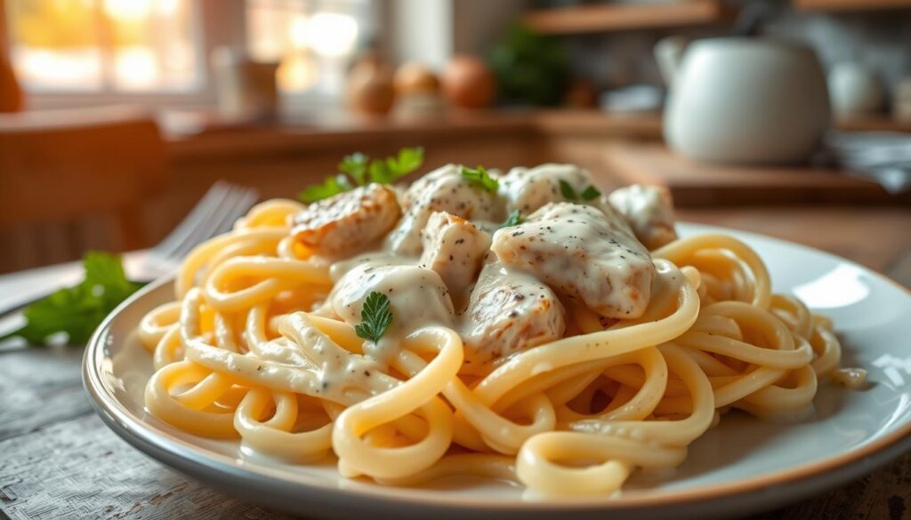 A beautifully presented plate of creamy chicken pasta featuring a rich, white sour cream sauce. The foreground showcases a twirl of fettuccine noodles coated in the velvety sauce, with tender pieces of grilled chicken nestled among the pasta. Garnish the dish with fresh parsley and cracked black pepper for a touch of color. In the middle ground, include a rustic wooden table setting with a fork and knife neatly placed beside the plate. The background features a softly blurred kitchen environment, with warm, inviting lighting filtering through a window, creating a cozy atmosphere. The image should evoke a sense of comfort and indulgence, focusing on the appetizing details of the dish without any text or distractions. A beautifully presented plate of creamy chicken pasta featuring a rich, white sour cream sauce. The foreground showcases a twirl of fettuccine noodles coated in the velvety sauce, with tender pieces of grilled chicken nestled among the pasta. Garnish the dish with fresh parsley and cracked black pepper for a touch of color. In the middle ground, include a rustic wooden table setting with a fork and knife neatly placed beside the plate. The background features a softly blurred kitchen environment, with warm, inviting lighting filtering through a window, creating a cozy atmosphere. The image should evoke a sense of comfort and indulgence, focusing on the appetizing details of the dish without any text or distractions.