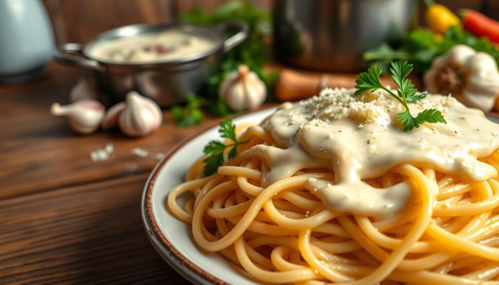 A beautifully presented plate of pasta topped with a creamy garlic sauce, showcasing rich, velvety textures. The foreground features a generous portion of spaghetti, glistening with the rich white garlic sauce, garnished with fresh parsley and a sprinkle of grated Parmesan cheese. In the middle, a rustic wooden table sets the scene, with a small bowl of the sauce and a garlic bulb nearby, hinting at the sauce's flavorful ingredients. The background includes softly blurred kitchen elements, such as a pot and fresh vegetables, creating a warm, inviting atmosphere. The lighting is soft and natural, enhancing the creamy texture of the sauce, while a shallow depth of field focuses on the pasta, exuding a delicious allure that's perfect for an appetizing culinary article.
