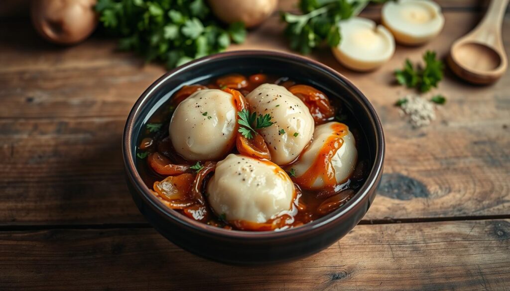 A beautifully styled bowl of potato dumplings (kluski śląskie) rests on a rustic wooden table, surrounded by a rich, vibrant sauce made from dark, caramelized onions, fresh herbs, and a sprinkle of black pepper. The dumplings are plump and perfectly shaped, glistening slightly from the sauce. In the background, there are muted, soft-focus images of fresh ingredients like potatoes, parsley, and a wooden spoon, giving a kitchen-like atmosphere. The lighting is warm and inviting, highlighting the textures of the food, creating a cozy and homemade feel. The angle is slightly above the dish, allowing for a clear view of the delicious details, hinting at a perfect meal that invites sharing and enjoyment. A beautifully styled bowl of potato dumplings (kluski śląskie) rests on a rustic wooden table, surrounded by a rich, vibrant sauce made from dark, caramelized onions, fresh herbs, and a sprinkle of black pepper. The dumplings are plump and perfectly shaped, glistening slightly from the sauce. In the background, there are muted, soft-focus images of fresh ingredients like potatoes, parsley, and a wooden spoon, giving a kitchen-like atmosphere. The lighting is warm and inviting, highlighting the textures of the food, creating a cozy and homemade feel. The angle is slightly above the dish, allowing for a clear view of the delicious details, hinting at a perfect meal that invites sharing and enjoyment.