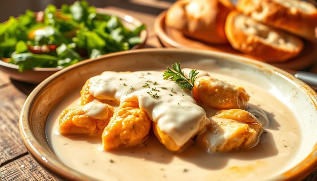 A beautifully styled dish of classic chicken sauce made with creamy sour cream, elegantly presented in a rustic ceramic bowl, placed on a weathered wooden table. In the foreground, the sauce has a smooth and velvety texture, with small herbs like parsley sprinkled on top for garnish. The middle layer features tender, golden-brown chicken pieces glazed with the sauce, highlighting their juiciness. In the background, soft-focus elements include a vibrant green salad and freshly baked bread, enhancing the dining atmosphere. The scene is bathed in warm, natural sunlight, creating a cozy and inviting mood. The composition is captured with a slight top-down angle to emphasize the sauce’s richness and the dish's appeal.