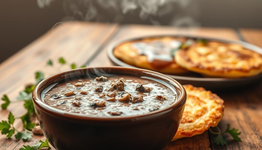 A beautifully styled dish of mushroom sauce, showcasing rich, earthy tones. In the foreground, a glossy, deep brown bowl filled with the aromatic sauce, steam rising gently. The sauce is thick and textured, with visible pieces of finely chopped dried mushrooms. Surrounding the bowl, scattered fresh herbs like parsley add vibrant green contrasts. In the middle ground, a plate of crisp, golden-brown potato pancakes is artfully arranged, with drizzles of the mushroom sauce over them. In the soft-focus background, a rustic wooden table enhances the homey feel, illuminated by warm, natural lighting that creates an inviting atmosphere. The angle captures both the bowl and pancakes, emphasizing their delectable appearance, evoking a sense of comfort and gourmet delight.