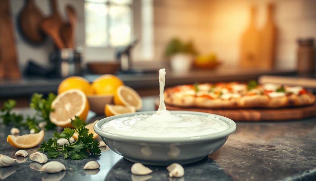 A beautifully styled kitchen countertop featuring a small bowl of creamy white garlic sauce, showcasing its rich texture and vibrant garlic cloves scattered around. In the foreground, add fresh ingredients such as chopped parsley and lemon slices, enhancing the dish's freshness. The middle layer captures the sauce being drizzled elegantly onto a freshly baked pizza, emphasizing its smooth consistency. The background includes rustic kitchen elements like wooden utensils and an inviting warm light filtering through a window, creating a cozy cooking atmosphere. Capture the image with a soft focus and warm tones to evoke a feeling of comfort and delicious anticipation.