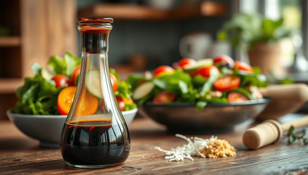 A beautifully styled salad bowl featuring a variety of fresh vegetables like vibrant greens, cherry tomatoes, and slivers of cucumber, drizzled with a rich, glossy balsamic dressing. The foreground should prominently display a glass cruet of balsamic vinegar, reflecting light to showcase its textures. In the middle ground, an assortment of ingredients for three variations of the dressing—honey, mustard, and minced garlic—should be artistically arranged on a rustic wooden table, with a soft focus to enhance depth. The background can feature a blurred kitchen setting with natural sunlight filtering through a window, creating a warm and inviting atmosphere. The mood is fresh, healthy, and appealing, inviting viewers to explore balsamic vinegar as a key ingredient for salads. Use soft lighting for a realistic and appetizing look.