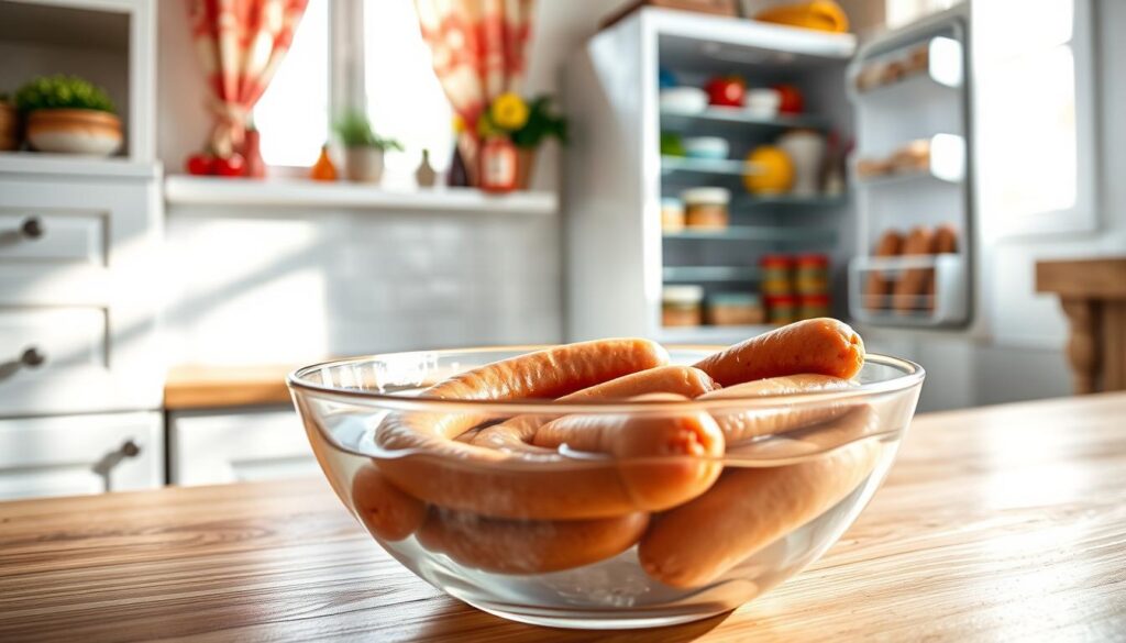 A bright and inviting kitchen scene showcasing an assortment of sausages being carefully thawed. In the foreground, a clear, detailed bowl filled with cold water sits on a wooden counter, with several frozen sausages partially submerged. Just behind, an open refrigerator displays fresh produce and various condiments, emphasizing a homey setting. The background features soft lighting streaming through a window adorned with cheerful curtains, casting gentle shadows on the countertop. The camera angle is slightly above eye level, creating a sense of warmth and approachability. The overall atmosphere is cheerful and domestic, reflecting the simplicity and effectiveness of thawing sausages using water.