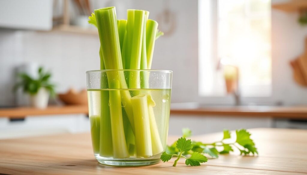 A bright, fresh kitchen scene showcasing celery stalks stored in a clear, glass container filled with water, emphasizing its vibrant green color and crisp texture. In the foreground, the container is centered on a wooden countertop, with droplets of water glistening on the surface. The middle of the scene includes a few celery leaves scattered around, adding a touch of nature. The background features soft, natural light coming from a window, casting a warm glow and creating a serene atmosphere. The overall composition conveys freshness and health, inviting viewers to appreciate the beauty of well-stored celery. No text or distractions in the image.