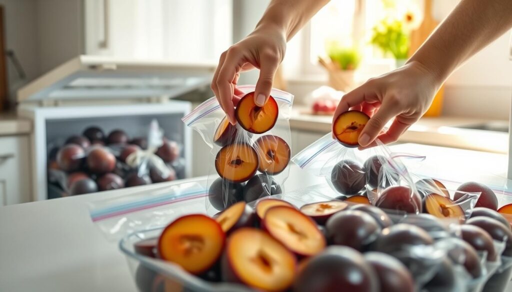 A bright, well-lit kitchen scene showcasing the process of packaging frozen plums. In the foreground, a pair of hands meticulously placing halved plums into vacuum-seal bags, ensuring they are arranged neatly for freezing. The middle ground features an open freezer, revealing other bags of frozen fruits, emphasizing a tidy and organized kitchen atmosphere. In the background, soft natural light filters through a window, illuminating fresh plums and kitchen utensils, creating a warm and inviting mood. The composition should be captured from a slightly elevated angle to highlight the packaging process while keeping the kitchen’s inviting elements visible, embodying a sense of care and efficiency in food preservation.