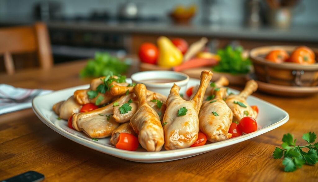 A carefully arranged plate of cooked chicken gizzards, garnished with fresh herbs and colorful vegetables like cherry tomatoes and bell peppers. The gizzards are tender, glistening under soft, warm lighting that enhances their rich texture. In the foreground, a rustic wooden table adds warmth to the scene. In the middle, a delicate ceramic plate showcases the dish, with a small bowl of dipping sauce nearby. The background features a softly blurred kitchen setting, implying a cozy home atmosphere. The focus is on the vibrant colors and textures of the food, evoking a sense of comfort and culinary tradition, perfect for serving to guests. The overall mood is inviting and homey, ready for a delightful dining experience.