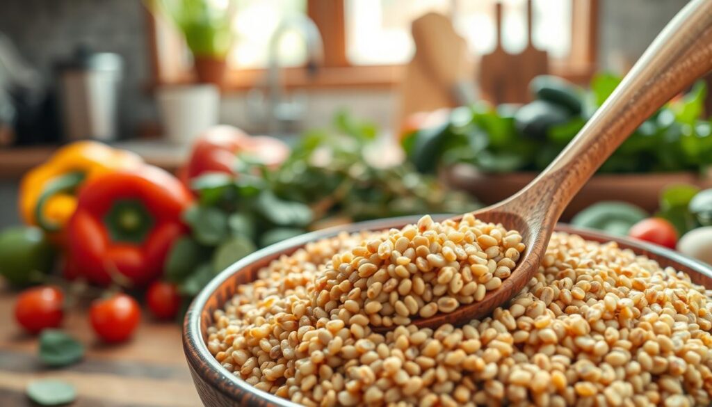 A close-up, beautifully arranged bowl of cooked buckwheat, showcasing its nutritious grains. In the foreground, place a wooden spoon partially filled with the grain, emphasizing its earthy texture. Surround the bowl with various colorful vegetables like bell peppers, cherry tomatoes, and spinach, reflecting the healthy ingredients that complement buckwheat. In the middle ground, display labels or icons symbolizing the nutritional values—protein, fiber, vitamins, and minerals—depicted as small, stylized graphics. The background features a rustic kitchen setting with soft, natural lighting filtering through a window, creating a warm and inviting atmosphere. The overall mood should convey healthiness and vitality, suitable for an informative context.