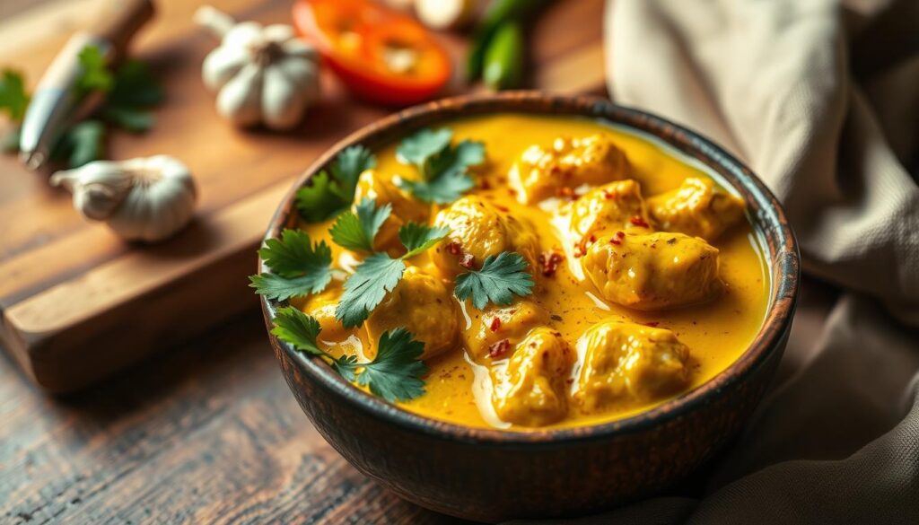 A close-up composition of a vibrant, creamy curry sauce served in a rustic bowl, with tender pieces of chicken visibly coated in the rich yellow-orange sauce. The dish is garnished with fresh cilantro leaves and a sprinkle of chili flakes for added visual appeal. In the background, a wooden cutting board displays ingredients such as garlic, ginger, and sliced chili peppers, hinting at the sauce's flavorful components. Soft, warm lighting emanates from the side, creating a cozy and inviting atmosphere. The image should be captured at a slight angle, emphasizing the texture of the sauce and the succulent chicken pieces, evoking a sense of comfort and deliciousness associated with homemade cooking.