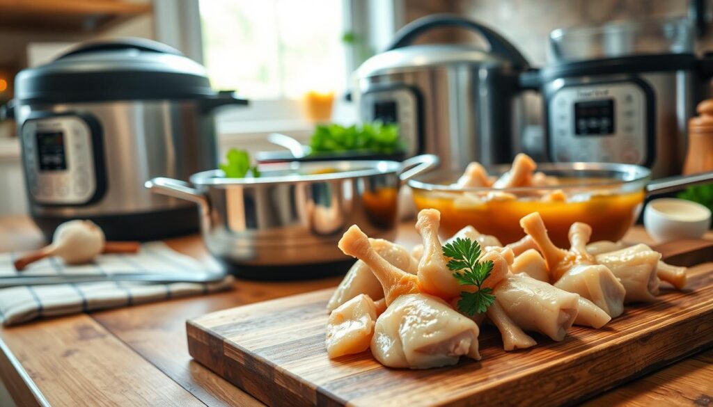 A close-up image of a beautifully arranged kitchen countertop, featuring various methods of cooking chicken gizzards. In the foreground, a wooden cutting board holds tender, lightly boiled gizzards with garnishes of fresh herbs like parsley and thyme. Beside it, a pot simmering with a savory broth and aromatic spices like bay leaves and garlic. In the middle ground, a variety of cookware including a traditional pot, an Instant Pot, and a frying pan, showcasing different cooking techniques. The background features a warm, rustic kitchen setting with soft, natural lighting coming from a nearby window, enhancing the inviting atmosphere. The focus is on the culinary techniques and ingredients, conveying a mood of comfort and culinary expertise.