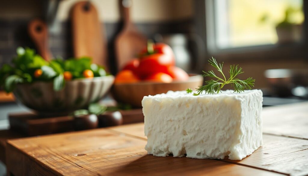 A close-up image of a block of frosty white twaróg cheese sitting on a rustic wooden kitchen countertop, garnished with herbs like parsley or dill. In the background, soft-focused kitchen elements such as a bowl of fresh vegetables and a pair of cooking utensils are present, creating a homey atmosphere. Natural light filters through a nearby window, illuminating the cheese's texture and icy edges, evoking a sense of freshness and culinary potential. The composition has a warm and inviting feel, suggesting the notion of comfort food and home cooking. A soft focus on the background helps draw attention to the twaróg cheese, highlighting both its frozen state and its versatility in various dishes.