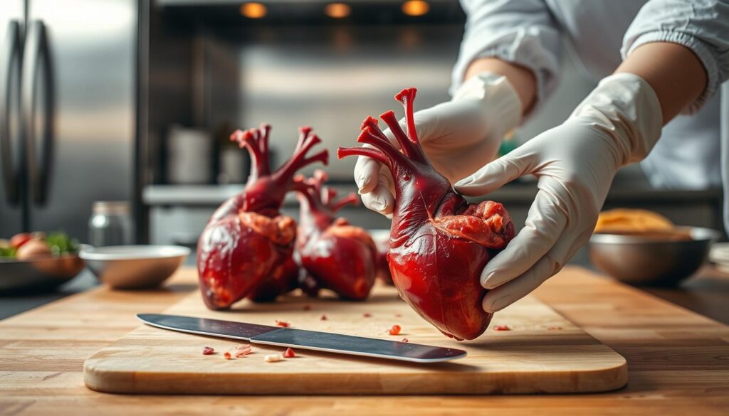 A close-up image of a pair of hands meticulously cleaning poultry hearts in a modern kitchen setting. In the foreground, focus on the hands wearing light-colored kitchen gloves, skillfully removing veins and excess fat from the vibrant, dark red hearts. In the middle ground, a cutting board with a sharp knife and a small bowl for discarded parts, adding a practical touch. The background features a softly lit kitchen with stainless steel appliances and ingredients like spices and herbs, creating an inviting cooking atmosphere. The light is warm and diffused, highlighting the textures of the hearts and the kitchen utensils, evoking a sense of culinary care and expertise. Overall, the mood is focused yet inviting, perfect for illustrating the process of preparing poultry hearts for cooking.
