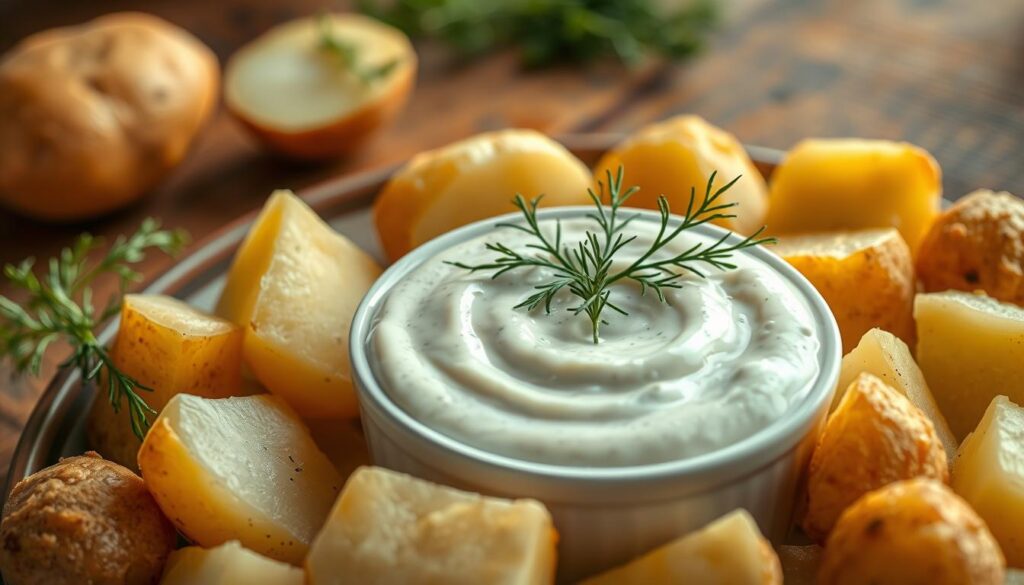 A close-up image of a rich, creamy dill sauce (sos koperkowy) in a small, elegant white bowl, garnished with fresh dill sprigs on top. The sauce should have a smooth texture with hints of fresh green from the dill throughout. Surrounding the bowl, place fluffy, golden-brown boiled potatoes, some cut in half to reveal their fluffy interior. In the background, a rustic wooden table adds warmth, softly illuminated by natural light filtering in from the side, creating a cozy and inviting atmosphere. The focus is sharp on the sauce and potatoes, while the background is slightly blurred to emphasize the dish. This composition evokes a sense of homeliness and deliciousness, perfect for a comforting meal. A close-up image of a rich, creamy dill sauce (sos koperkowy) in a small, elegant white bowl, garnished with fresh dill sprigs on top. The sauce should have a smooth texture with hints of fresh green from the dill throughout. Surrounding the bowl, place fluffy, golden-brown boiled potatoes, some cut in half to reveal their fluffy interior. In the background, a rustic wooden table adds warmth, softly illuminated by natural light filtering in from the side, creating a cozy and inviting atmosphere. The focus is sharp on the sauce and potatoes, while the background is slightly blurred to emphasize the dish. This composition evokes a sense of homeliness and deliciousness, perfect for a comforting meal.