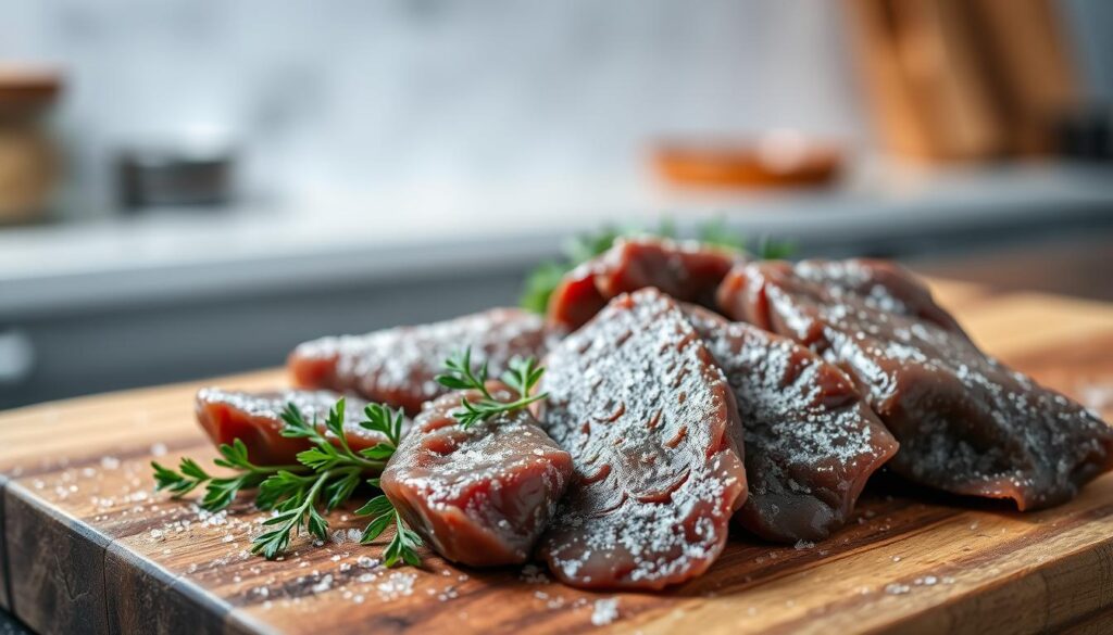 A close-up image of frozen liver, displaying its smooth texture and rich, dark color, placed on a rustic wooden cutting board. In the foreground, pieces of the liver are arranged artistically, glistening with frost. In the middle ground, a few fresh herbs like thyme and parsley are sprinkled around for color contrast. The background features a softly blurred kitchen setting with cool, ambient lighting, suggesting a cozy, homey atmosphere. The scene captures an inviting contrast between the frozen liver and the fresh herbs, illuminating the subject's textures. The image is taken from a slightly elevated angle, emphasizing the details of the liver and the surrounding elements, evoking a sense of culinary exploration and safety in food preservation. A close-up image of frozen liver, displaying its smooth texture and rich, dark color, placed on a rustic wooden cutting board. In the foreground, pieces of the liver are arranged artistically, glistening with frost. In the middle ground, a few fresh herbs like thyme and parsley are sprinkled around for color contrast. The background features a softly blurred kitchen setting with cool, ambient lighting, suggesting a cozy, homey atmosphere. The scene captures an inviting contrast between the frozen liver and the fresh herbs, illuminating the subject's textures. The image is taken from a slightly elevated angle, emphasizing the details of the liver and the surrounding elements, evoking a sense of culinary exploration and safety in food preservation.