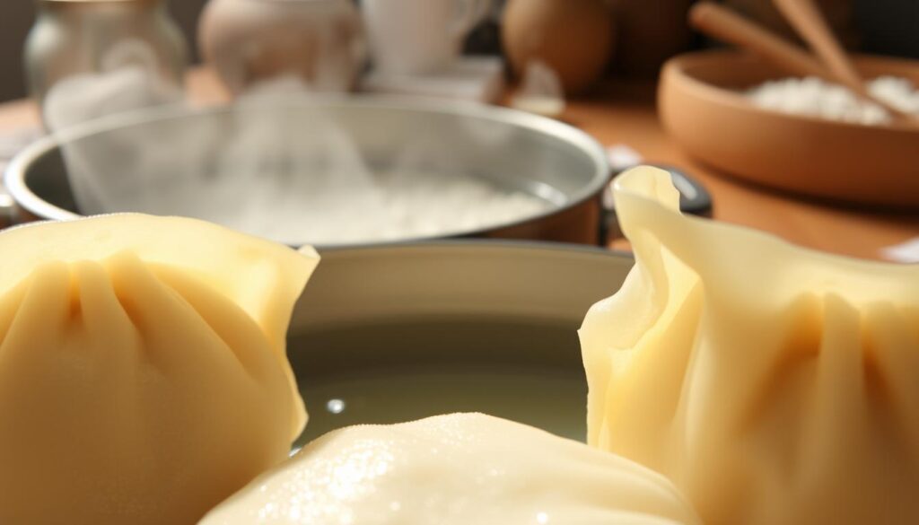 A close-up image of soft, freshly made "uszka" dumplings, focusing on their delicate edges where they begin to crack during cooking. In the foreground, detail the translucent, slightly translucent dough with small fissures and filling visible inside, showcasing their authentic texture. The middle ground features a pot of simmering water, with gentle bubbles rising, emphasizing the cooking process. In the background, softly blurred, a wooden kitchen table with flour and cooking utensils, creating a warm, inviting atmosphere. Use natural light to highlight the steam rising from the pot, conveying a sense of culinary warmth and urgency. The overall mood should be one of home cooking, with a hint of caution about getting the boiling times just right to prevent the dumplings from breaking.