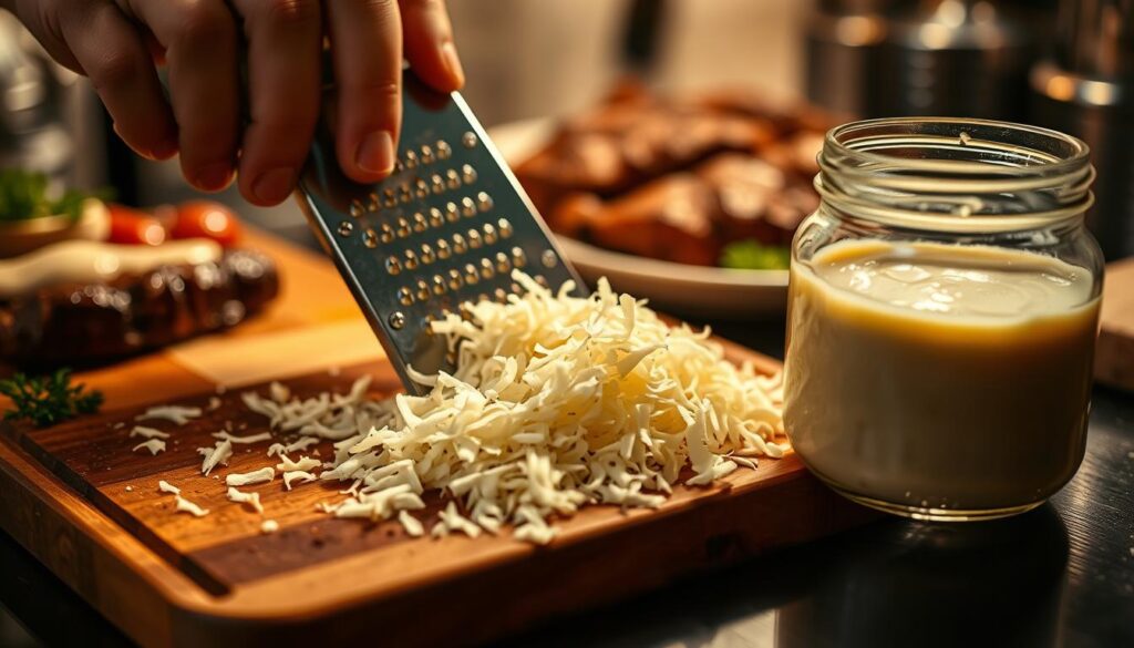 A close-up of a chef's hand carefully grating fresh horseradish root on a wooden cutting board, with vibrant white and light brown shavings scattered around. In the background, a blurred selection of meat dishes garnished with sauces, emphasizing the connection between horseradish and meat dishes. The lighting is warm and inviting, illuminating the texture and details of the grated horseradish. A glass jar filled with horseradish sauce sits to the side, glistening under the soft light, evoking a sense of flavor and culinary tradition. The atmosphere is homey and professional, capturing the essence of a well-equipped kitchen. The lens is slightly angled to create depth, drawing focus to the interplay of texture and color in the composition.