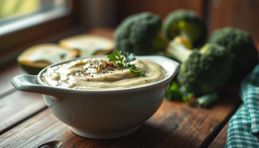 A close-up of a creamy broccoli sauce in an elegant white serving bowl, garnished with fresh herbs, like parsley and a sprinkle of black pepper. The bowl is placed on a rustic wooden table, with blurred broccoli florets artfully arranged in the background, hinting at the freshness of the ingredients. Soft, natural lighting filters in from a nearby window, creating a warm, inviting atmosphere. The focus is sharp on the sauce, with a soft bokeh effect in the background, enhancing the visual appeal. The scene conveys a sense of both comfort and sophistication, perfect for a culinary article. A close-up of a creamy broccoli sauce in an elegant white serving bowl, garnished with fresh herbs, like parsley and a sprinkle of black pepper. The bowl is placed on a rustic wooden table, with blurred broccoli florets artfully arranged in the background, hinting at the freshness of the ingredients. Soft, natural lighting filters in from a nearby window, creating a warm, inviting atmosphere. The focus is sharp on the sauce, with a soft bokeh effect in the background, enhancing the visual appeal. The scene conveys a sense of both comfort and sophistication, perfect for a culinary article.
