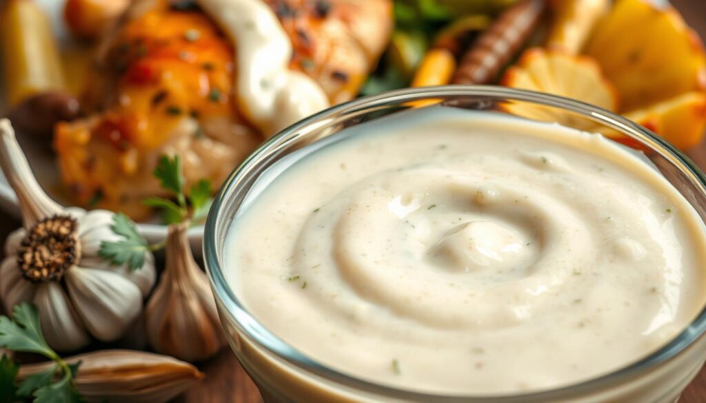 A close-up of a creamy garlic sauce in a glass bowl, showcasing its rich texture and glistening surface. Fresh garlic cloves and aromatic herbs like parsley are scattered around the bowl, enhancing the vibrant presentation. In the background, a plate of roasted chicken drizzled with the garlic sauce sits invitingly, paired with seasonal vegetables, evoking a homemade, inviting atmosphere. Soft, warm lighting highlights the ingredients, creating a cozy, appetizing mood. The scene is shot from a slightly elevated angle to capture the details in the sauce and the dish, allowing the viewer to almost taste the flavors. The background remains out of focus, keeping the attention on the garlic sauce. A close-up of a creamy garlic sauce in a glass bowl, showcasing its rich texture and glistening surface. Fresh garlic cloves and aromatic herbs like parsley are scattered around the bowl, enhancing the vibrant presentation. In the background, a plate of roasted chicken drizzled with the garlic sauce sits invitingly, paired with seasonal vegetables, evoking a homemade, inviting atmosphere. Soft, warm lighting highlights the ingredients, creating a cozy, appetizing mood. The scene is shot from a slightly elevated angle to capture the details in the sauce and the dish, allowing the viewer to almost taste the flavors. The background remains out of focus, keeping the attention on the garlic sauce.
