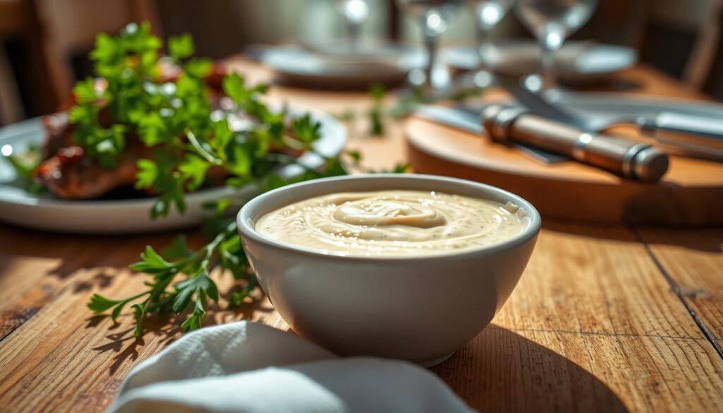A close-up of a rich, creamy sauce, known as "sos chrzanowy," artfully presented in a small, elegant bowl made of white ceramic. The vibrant sauce, infused with finely grated horseradish, has a slightly textured surface reflecting light. Surrounding the bowl, fresh herbs like parsley and chives add a pop of green, enhancing the visual appeal. In the background, a rustic wooden table sets a warm, inviting atmosphere, suggesting a home kitchen environment. Soft, natural light filters in from the side, creating gentle shadows that highlight the sauce's creamy consistency. The scene is styled with a blurred background of a well-set dining table, evoking a sense of tradition and comfort, perfect for accompanying meat dishes. The overall mood is appetizing and inviting, showcasing the sauce as a flavorful culinary addition.