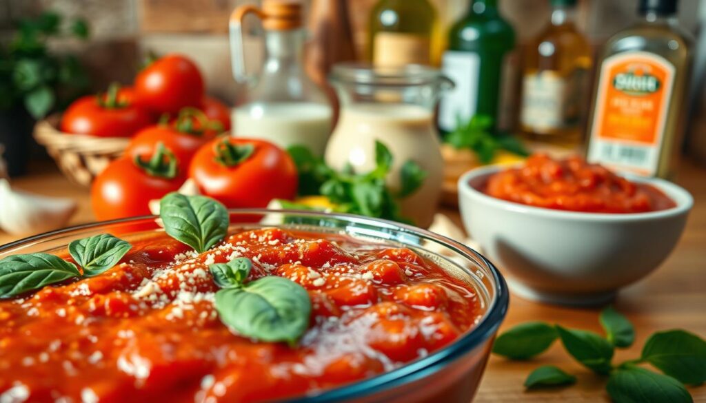 A close-up of a vibrant and inviting kitchen countertop featuring an array of quick spaghetti sauces. In the foreground, showcase a glossy bowl of classic marinara sauce, glistening with fresh basil leaves and a sprinkle of Parmesan cheese. Beside it, include a small jug of creamy alfredo sauce, accented with cracked black pepper. In the middle, colorful ingredients like ripe tomatoes, garlic cloves, and a bunch of fresh herbs create a lively scene. The background features a softly blurred view of a rustic wooden pantry and olive oil bottles, implying warmth and homeliness. Use warm, natural lighting to enhance the textures and colors, creating a cozy and appetizing atmosphere. A focus on sharp detail, with a shallow depth of field, invites viewers into the delicious world of quick spaghetti sauces.