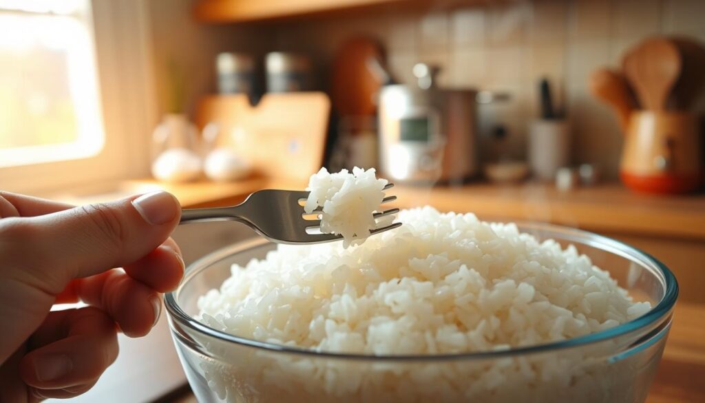 A close-up of perfectly cooked rice in a clear glass bowl, showcasing the fluffy grains with steam gently rising above them. In the foreground, a hand holds a fork, gently lifting a small portion of the rice to inspect its texture. In the middle ground, a cutting board with measuring cups and a timer emphasizes the cooking process. The background features a softly lit kitchen environment, with warm colors enhancing the cozy atmosphere. The light source is natural, filtering through a nearby window, creating soft highlights and shadows. The overall mood conveys a sense of warmth, comfort, and culinary achievement, ideal for illustrating the moment of checking rice doneness.