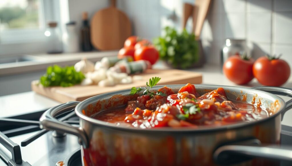 A close-up scene of a delicious, quick meat sauce being prepared in a modern kitchen. The foreground shows a saucepan simmering on the stove, with rich, glossy sauce bubbling, garnished with fresh herbs like parsley. In the middle, a wooden cutting board features chopped onions, garlic, and ripe tomatoes, highlighting the ingredients used in the sauce. The background reveals soft-focus kitchen elements, such as a spice rack and various cooking utensils. The lighting is warm and inviting, casting gentle shadows to create depth. A bright, cozy atmosphere conveys a sense of home cooking, evoking comfort and the joy of preparing a meal.
