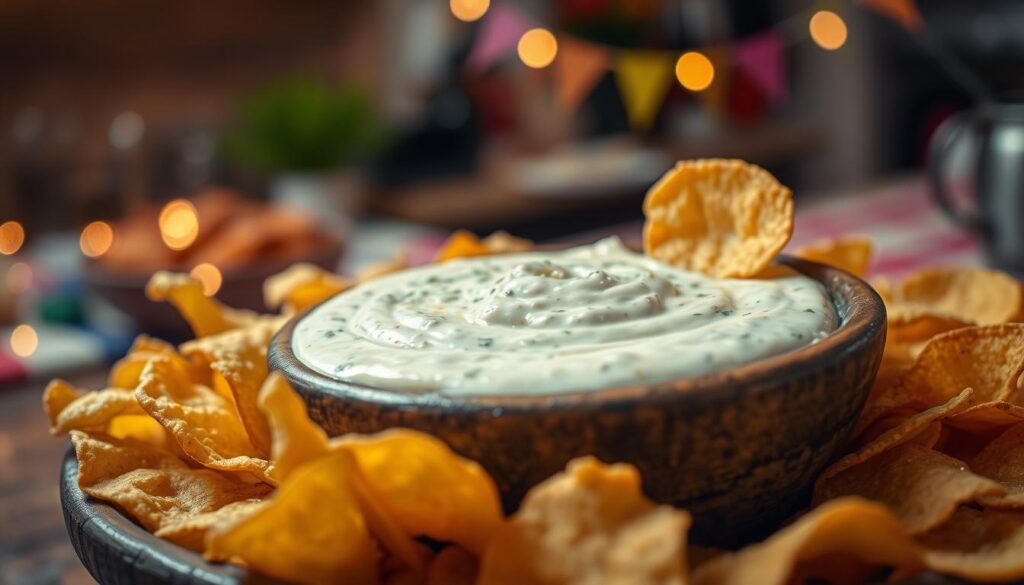A close-up shot of a creamy garlic dip in a rustic bowl, placed on a wooden table. The dip is thick and rich, with flecks of garlic and herbs visible, surrounded by crispy potato chips in assorted shapes, some partially dipped in the sauce. In the background, there are soft, warm kitchen lights creating a cozy atmosphere, with blurred hints of party decorations and a colorful tablecloth. The angle is slightly tilted to capture the texture of the dip and the chips prominently, invoking a fun and inviting mood. The overall lighting is soft yet vibrant, emphasizing the deliciousness and appeal of the garlic dip. A close-up shot of a creamy garlic dip in a rustic bowl, placed on a wooden table. The dip is thick and rich, with flecks of garlic and herbs visible, surrounded by crispy potato chips in assorted shapes, some partially dipped in the sauce. In the background, there are soft, warm kitchen lights creating a cozy atmosphere, with blurred hints of party decorations and a colorful tablecloth. The angle is slightly tilted to capture the texture of the dip and the chips prominently, invoking a fun and inviting mood. The overall lighting is soft yet vibrant, emphasizing the deliciousness and appeal of the garlic dip.