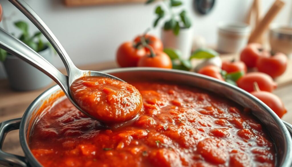 A close-up shot of a rich, thick tomato sauce in a stainless steel pot on a wooden countertop, textured with visible chunks of tomatoes, herbs, and spices. In the foreground, a silver ladle dips into the sauce, enhancing its velvety consistency. The middle of the image showcases fresh ingredients such as ripe tomatoes, garlic cloves, and basil leaves artistically arranged around the pot. In the background, soft, warm kitchen lighting creates a cozy atmosphere, with blurred kitchen utensils and a hint of a potted plant for a homey touch. The overall mood is inviting and appetizing, reflecting the process of perfecting the density of tomato sauce for culinary purposes.