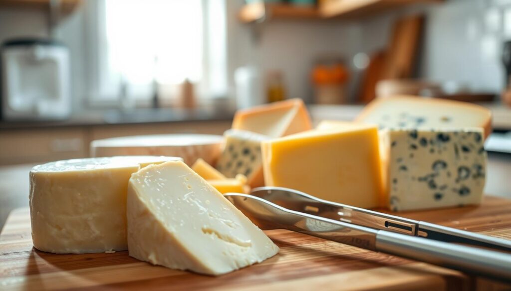 A close-up shot of different types of cheese arranged aesthetically on a wooden cutting board, showcasing their varied textures and colors. In the foreground, a block of creamy Brie and a wedge of sharp cheddar, both subtly glistening. In the middle ground, artisanal cheeses like Gouda and blue cheese are artfully sliced, with a pair of tongs beside them, ready for serving. The background features a softly blurred kitchen setting with light flooding in from a nearby window, casting gentle highlights. The atmosphere is warm and inviting, evoking the comfort of home cooking. The lighting is bright yet soft, enhancing the rich hues of the cheeses without harsh shadows, creating a welcoming ambiance for food enthusiasts. A close-up shot of different types of cheese arranged aesthetically on a wooden cutting board, showcasing their varied textures and colors. In the foreground, a block of creamy Brie and a wedge of sharp cheddar, both subtly glistening. In the middle ground, artisanal cheeses like Gouda and blue cheese are artfully sliced, with a pair of tongs beside them, ready for serving. The background features a softly blurred kitchen setting with light flooding in from a nearby window, casting gentle highlights. The atmosphere is warm and inviting, evoking the comfort of home cooking. The lighting is bright yet soft, enhancing the rich hues of the cheeses without harsh shadows, creating a welcoming ambiance for food enthusiasts.