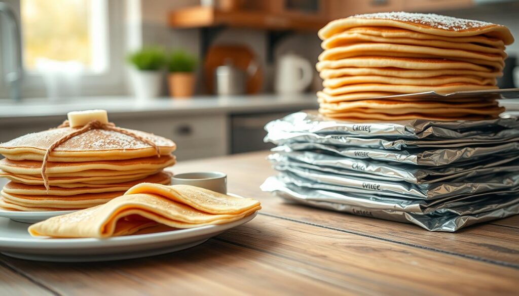A close-up view of a beautifully arranged stack of thin, golden-brown pancakes, elegantly displayed on a rustic wooden table. The pancakes should be slightly glistening, suggesting a fresh out-of-the-pan appearance, with a light dusting of powdered sugar on top. In the foreground, place some neatly folded pancakes on a crisp white plate, with a small container of maple syrup beside it. In the middle ground, incorporate an organized assortment of foil-wrapped stacks of pancakes ready for freezing, neatly labeled with their contents. The background should feature a softly blurred kitchen scene with warm, natural light streaming through a window, creating a cozy and inviting atmosphere, as if showcasing the best practices for freezing pancakes. A close-up view of a beautifully arranged stack of thin, golden-brown pancakes, elegantly displayed on a rustic wooden table. The pancakes should be slightly glistening, suggesting a fresh out-of-the-pan appearance, with a light dusting of powdered sugar on top. In the foreground, place some neatly folded pancakes on a crisp white plate, with a small container of maple syrup beside it. In the middle ground, incorporate an organized assortment of foil-wrapped stacks of pancakes ready for freezing, neatly labeled with their contents. The background should feature a softly blurred kitchen scene with warm, natural light streaming through a window, creating a cozy and inviting atmosphere, as if showcasing the best practices for freezing pancakes.