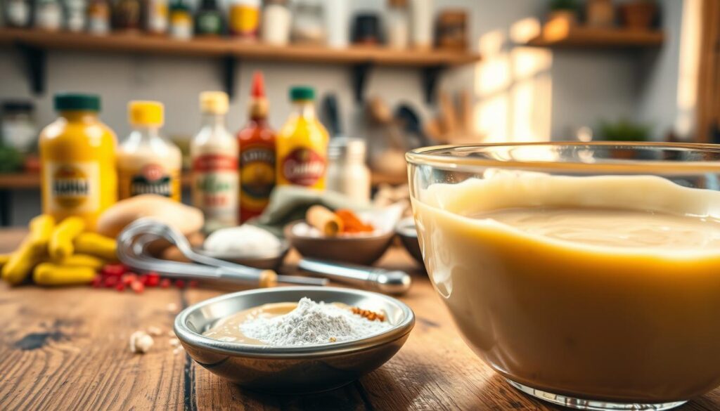 A close-up view of a classic American hamburger sauce recipe preparation on a rustic wooden kitchen countertop. In the foreground, a glass bowl filled with the creamy, tangy sauce, showcasing its smooth texture, placed next to a whisk and fresh ingredients like chopped pickles, mustard, and mayonnaise. In the middle ground, an array of spices such as garlic powder, onion powder, and paprika in small bowls, artistically arranged. The background features a blurred kitchen scene with shelves holding condiments and utensils bathed in warm, natural light, creating a cozy, inviting atmosphere. The image captures a homey, culinary vibe, ideal for inspiring cooking enthusiasts. The focus is sharp on the sauce, emphasizing its vibrant colors and creamy consistency.
