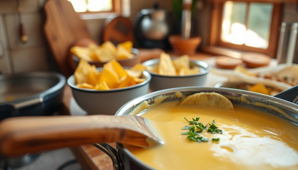 A close-up view of a creamy, golden cheese sauce bubbling gently in a small saucepan. The foreground features a wooden spoon gently stirring the melted cheese, with a sprinkle of fresh herbs on top for garnish. In the middle ground, there are bowls of crispy tortilla chips, invitingly arranged, ready for dipping. The background consists of a rustic kitchen setting, with soft, warm lighting streaming in from a nearby window, highlighting the texture of the cheese sauce. The atmosphere is cozy and inviting, perfect for a casual gathering. The scene captures the essence of quick and easy cheese sauce preparation, without any text or distractions.