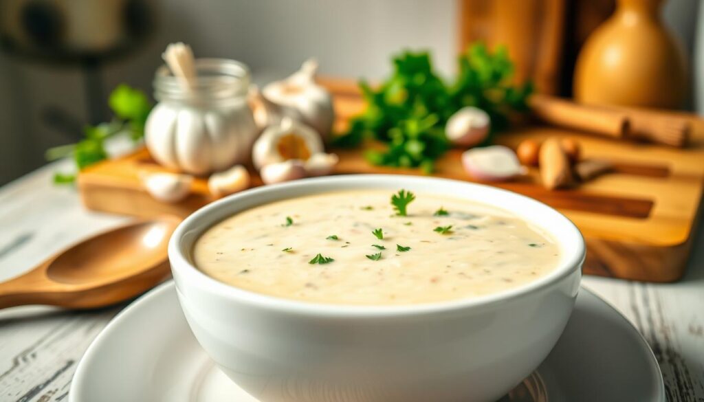 A close-up view of a creamy white chicken sauce, elegantly plated in a glossy white bowl. The sauce has a velvety texture with small flecks of parsley for garnish, emphasizing its creamy consistency. In the foreground, a wooden spoon rests beside the bowl, hinting at the homemade preparation. In the middle ground, a rustic wooden cutting board showcases fresh ingredients such as garlic cloves, a small jar of sour cream, and sprigs of parsley, symbolizing the step-by-step process of making the sauce. The background features a softly blurred kitchen setting, with warm, inviting lighting casting a golden hue. The overall atmosphere is cozy and inviting, suggesting a delightful culinary experience. The depth of field focuses on the sauce, creating an intimate portrayal of this dish. A close-up view of a creamy white chicken sauce, elegantly plated in a glossy white bowl. The sauce has a velvety texture with small flecks of parsley for garnish, emphasizing its creamy consistency. In the foreground, a wooden spoon rests beside the bowl, hinting at the homemade preparation. In the middle ground, a rustic wooden cutting board showcases fresh ingredients such as garlic cloves, a small jar of sour cream, and sprigs of parsley, symbolizing the step-by-step process of making the sauce. The background features a softly blurred kitchen setting, with warm, inviting lighting casting a golden hue. The overall atmosphere is cozy and inviting, suggesting a delightful culinary experience. The depth of field focuses on the sauce, creating an intimate portrayal of this dish.