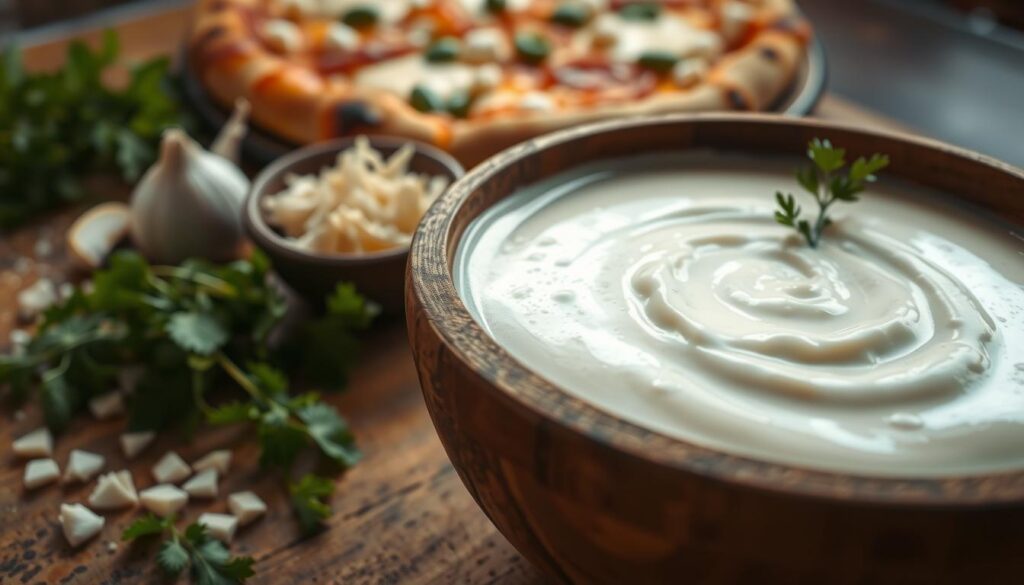 A close-up view of a creamy white sauce for pizza, highlighting its rich texture and smooth consistency. The sauce, served in a rustic wooden bowl, glistens under soft, warm lighting that enhances its appetizing appearance. Surrounding the bowl are fresh ingredients like finely chopped garlic, sprigs of parsley, and a small dish of grated cheese, arranged artistically to emphasize their vibrant colors. In the background, an out-of-focus pizza freshly baked with a golden crust and toppings can be subtly seen, suggesting the sauce's purpose. The image should evoke a welcoming and homely atmosphere, perfect for home cooks looking to create the ideal creamy base for white pizza. The angle captures the essence of homemade cooking, inviting and warm.