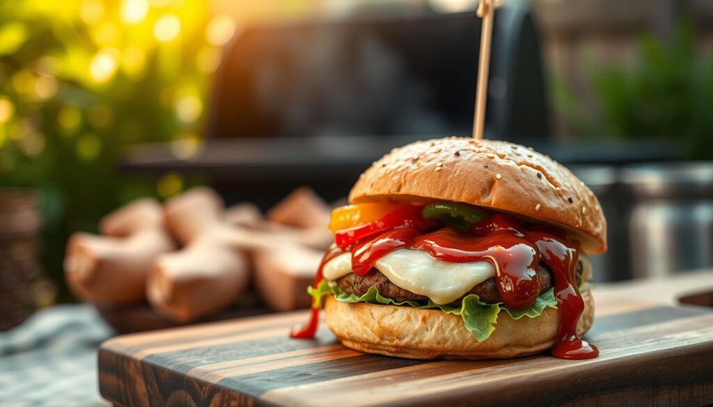 A close-up view of a gourmet burger topped with fresh ingredients, showcasing three vibrant sauces: a classic creamy mayonnaise, a spicy red sauce with peppers, and a rich BBQ sauce dripping from the side. The foreground features the burger on a rustic wooden cutting board, highlighting the textures of the sauces and toppings, with a blurred background of a sunny outdoor grill setting surrounded by greenery. Soft, natural lighting emphasizes the glistening sauces and the freshness of the ingredients. The mood is warm and inviting, perfect for a summer barbecue atmosphere. Focus on the mouthwatering appearance of the burger, making it the star of the composition.
