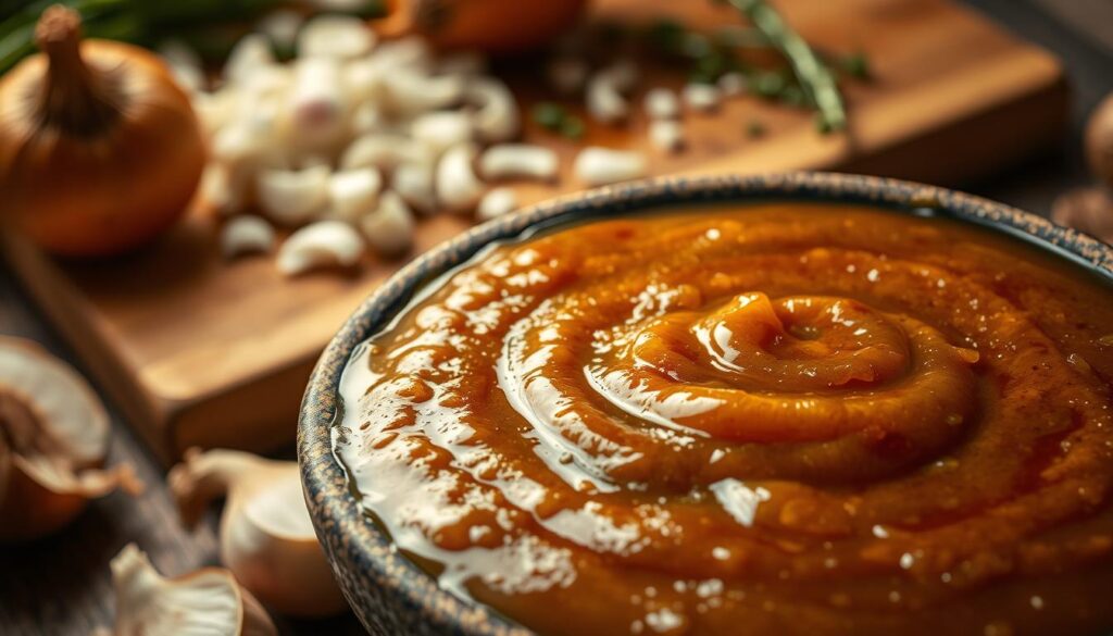 A close-up view of a rich, caramelized onion sauce in a rustic bowl, surrounded by fresh ingredients like whole onions, garlic, and herbs. The sauce glistens under warm, golden lighting, showcasing its velvety texture and deep brown color, evoking a sense of warmth and comfort. In the background, a wooden cutting board is slightly blurred, with finely chopped onions and herbs scattered about, hinting at the preparation process. The image should convey an inviting atmosphere, suggesting home-cooked meals and hearty flavors. The scene is shot with a shallow depth of field, emphasizing the sauce while softly blurring the surroundings to draw in the viewer's attention. A close-up view of a rich, caramelized onion sauce in a rustic bowl, surrounded by fresh ingredients like whole onions, garlic, and herbs. The sauce glistens under warm, golden lighting, showcasing its velvety texture and deep brown color, evoking a sense of warmth and comfort. In the background, a wooden cutting board is slightly blurred, with finely chopped onions and herbs scattered about, hinting at the preparation process. The image should convey an inviting atmosphere, suggesting home-cooked meals and hearty flavors. The scene is shot with a shallow depth of field, emphasizing the sauce while softly blurring the surroundings to draw in the viewer's attention.