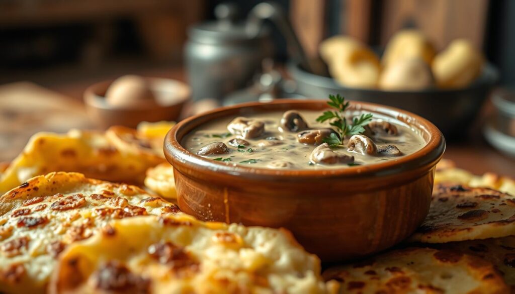 A close-up view of a rich, creamy mushroom sauce steaming in an earthenware bowl, with visible pieces of dried mushrooms and herbs, sitting on a rustic wooden table. Surround the bowl with freshly made potato pancakes, golden and crispy, piled invitingly. In the background, gently blurred out, a cozy kitchen scene can be seen, featuring warm lighting that creates a homely, welcoming atmosphere. Soft shadows add depth to the image, while a garnish of parsley flakes on the sauce adds a pop of color. Capture the essence of comfort food, suggesting warmth and deliciousness, as if inviting the viewer to taste it. Use a shallow depth of field to focus on the sauce and pancakes, enhancing the mouthwatering appeal of the dish.