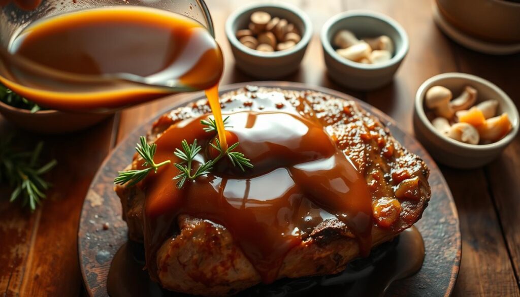 A close-up view of a rich, glossy brown gravy being poured over a perfectly roasted piece of meat on a rustic wooden table. The dish is garnished with fresh herbs, such as thyme and rosemary, adding a burst of green color. In the background, an array of small bowls containing different flavoring ingredients like garlic, onions, and mushrooms are artfully arranged, hinting at four additional flavors to enhance the base gravy. The lighting is warm and inviting, creating a cozy kitchen atmosphere, with soft shadows enhancing the textures of the sauce and meat. The scene is shot from a slight overhead angle, capturing the delicious details without any text or distractions, inviting the viewer to appreciate the simplicity and comfort of this universal gravy recipe. A close-up view of a rich, glossy brown gravy being poured over a perfectly roasted piece of meat on a rustic wooden table. The dish is garnished with fresh herbs, such as thyme and rosemary, adding a burst of green color. In the background, an array of small bowls containing different flavoring ingredients like garlic, onions, and mushrooms are artfully arranged, hinting at four additional flavors to enhance the base gravy. The lighting is warm and inviting, creating a cozy kitchen atmosphere, with soft shadows enhancing the textures of the sauce and meat. The scene is shot from a slight overhead angle, capturing the delicious details without any text or distractions, inviting the viewer to appreciate the simplicity and comfort of this universal gravy recipe.