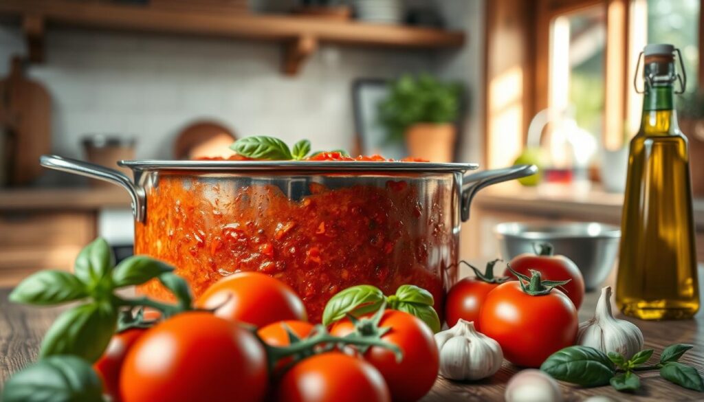 A close-up view of a rich, homemade tomato sauce simmering in a classic stainless steel pot on a rustic wooden kitchen table. The sauce is vibrant red and is dotted with fresh basil leaves, giving a hint of freshness. In the foreground, there are fresh ingredients like ripe tomatoes, garlic cloves, and an olive oil bottle, artistically arranged. The background features a soft-focus kitchen setting with warm lighting, evoking a cozy and welcoming atmosphere. The sunlight streams through a nearby window, casting gentle shadows, highlighting the glossy surface of the sauce. The scene feels inviting and appetizing, emphasizing the essence of the best tomato sauce for pizza.