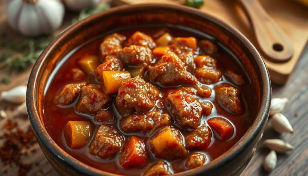 A close-up view of a thick, rich Hungarian goulash sauce in a rustic bowl, with visible chunks of tender meat and colorful vegetables like bell peppers and onions. The sauce has a deep, inviting red-brown color with a glossy sheen, indicating its depth of flavor. Surrounding the bowl, scattered spices such as paprika, herbs, and garlic cloves accentuate the preparation process. Soft, warm lighting creates an inviting atmosphere, highlighting the texture of the sauce as it glistens invitingly. In the background, a wooden cutting board and utensils contribute to a cozy kitchen vibe. The overall mood is hearty and comforting, evoking the essence of traditional Hungarian cuisine. A close-up view of a thick, rich Hungarian goulash sauce in a rustic bowl, with visible chunks of tender meat and colorful vegetables like bell peppers and onions. The sauce has a deep, inviting red-brown color with a glossy sheen, indicating its depth of flavor. Surrounding the bowl, scattered spices such as paprika, herbs, and garlic cloves accentuate the preparation process. Soft, warm lighting creates an inviting atmosphere, highlighting the texture of the sauce as it glistens invitingly. In the background, a wooden cutting board and utensils contribute to a cozy kitchen vibe. The overall mood is hearty and comforting, evoking the essence of traditional Hungarian cuisine.