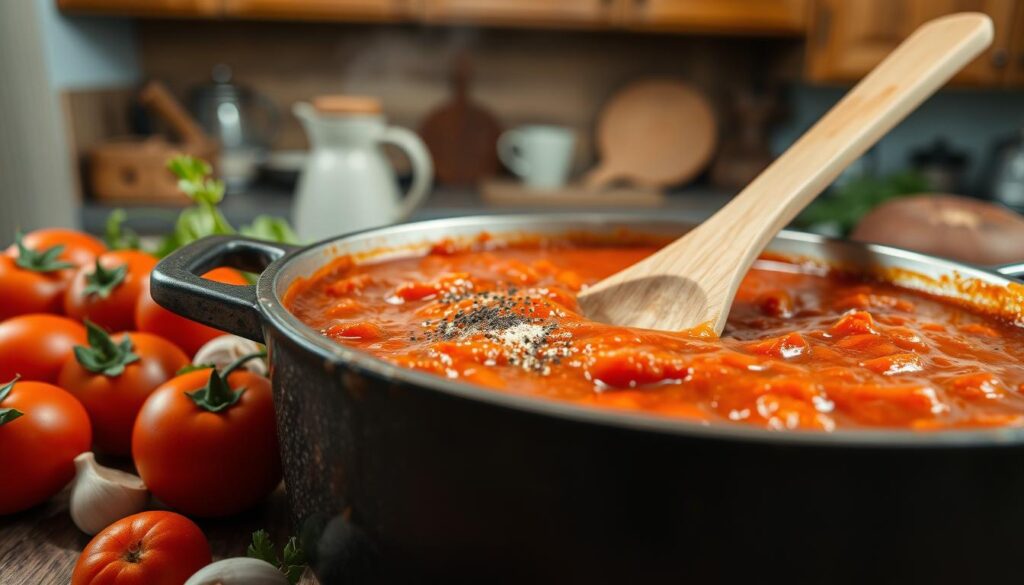 A close-up view of a traditional tomato sauce preparation for stuffed cabbage rolls, featuring a vibrant red sauce simmering in a rustic pot. In the foreground, include fresh ingredients like ripe tomatoes, garlic cloves, and aromatic herbs scattered around. The middle ground showcases a wooden spoon stirring the sauce, with spices like paprika and black pepper ready to be added. In the background, a warm and inviting kitchen setting with wooden cabinets and soft, diffused lighting creates a cozy atmosphere. Capture the action with a slightly angled perspective, emphasizing the delicious texture of the sauce, while ensuring there are no human subjects in the scene. The overall mood should feel warm, nostalgic, and homemade, evoking the comforting essence of family meals.