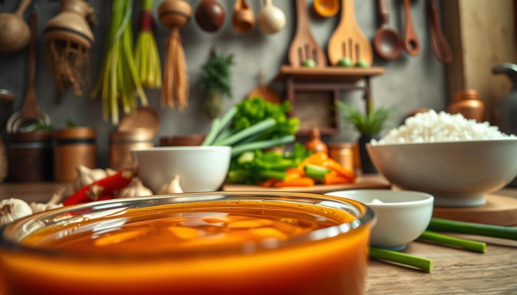 A close-up view of a vibrant Asian kitchen, showcasing a beautifully crafted bowl of sweet and savory Chinese sauce ready to be served with rice. In the foreground, the glossy sauce glistens, surrounded by an array of colorful ingredients like fresh ginger, garlic, and green onions. In the middle ground, a wooden chopping board holds finely chopped vegetables, while an elegant porcelain rice bowl sits nearby. The background features hanging herbs and spices, with traditional Asian utensils adorning the kitchen walls, gently illuminated by warm, soft lighting that creates a cozy atmosphere. The scene is captured from a low angle, emphasizing the richness of the colors and textures, inviting viewers to appreciate the importance of sauces in Asian cuisine.