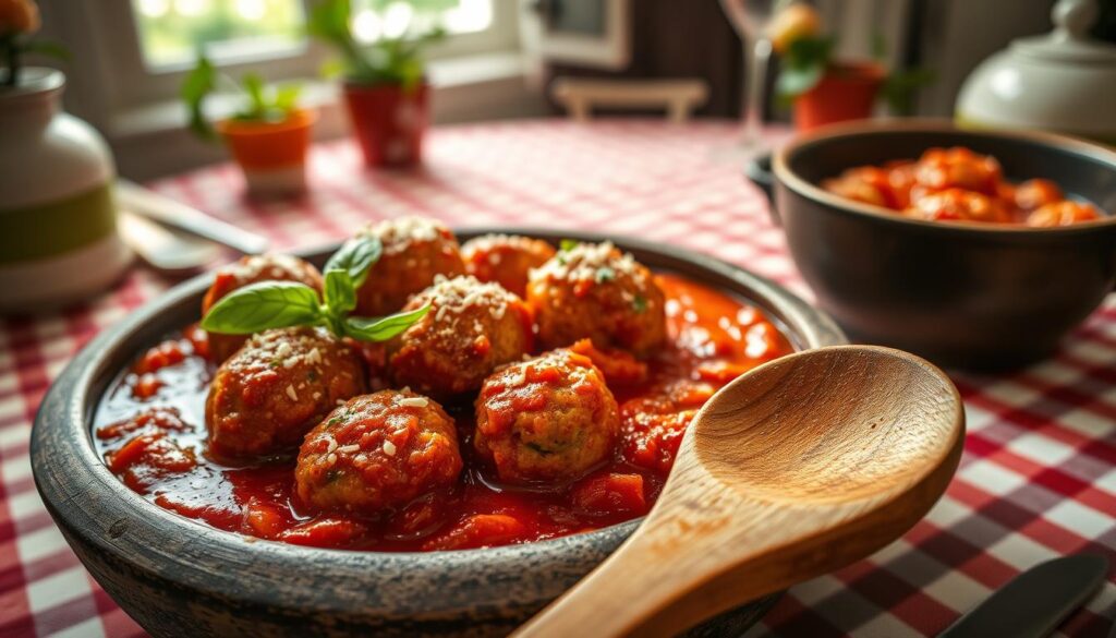 A close-up view of delicious meatballs in a rich tomato sauce, garnished with fresh basil and a sprinkle of grated Parmesan cheese. The vibrant red of the sauce contrasts beautifully with the golden-brown meatballs. In the foreground, a wooden spoon rests next to a rustic bowl filled with the pulpety, highlighting the homemade aspect. In the middle, a classic kitchen table is adorned with a charming checkered tablecloth, suggesting a cozy, inviting atmosphere. In the background, soft, warm lighting creates a comforting mood, illuminating the steam rising from the dish, while a hint of greenery can be seen just outside a window, adding life to the setting. The image is taken from a slightly elevated angle, capturing the texture and colors of the meal perfectly.